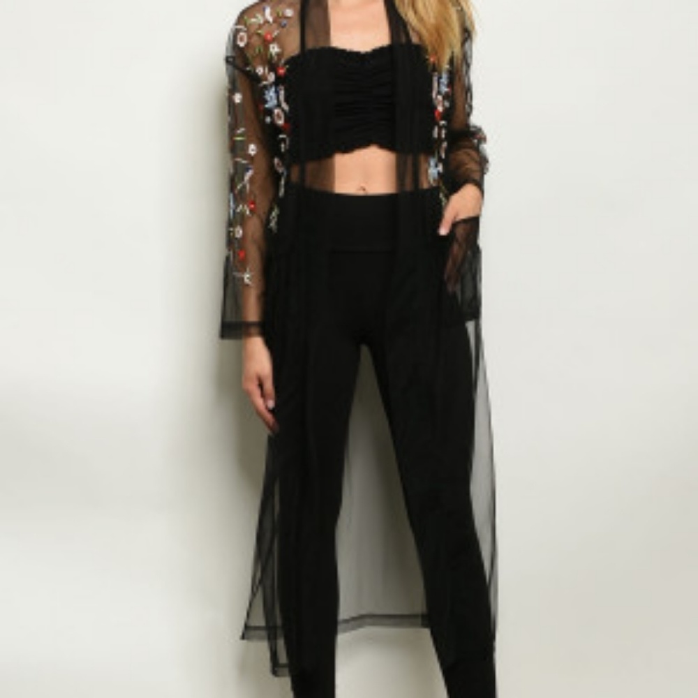 Kimono Cardigan Beach Black Sheer Floral Design